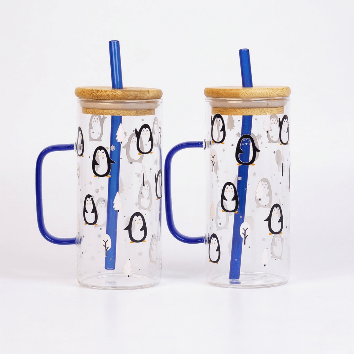 Winter Penguin in Forest Glass Tumbler with Handle & Bamboo Lid – Set of 2 | Festive Holiday Design with Straw - Memories Insite